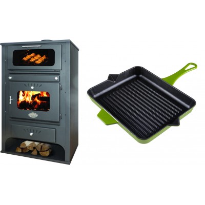 Set Kaminofen, Holzofen Wasserführend mit Backfach Zvezda, Model GF VR 16, Leistung 15.4kW + Emaillierte grillpfanne Gusseisen Solagio, Bamboo, 26x32cm - Kaminofen - Holzofen mit Backfach