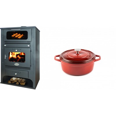Set Kaminofen, Holzofen Wasserführend mit Backfach Zvezda, Model GF VR 16, Leistung 15.4kW + Gusseisen Topf Tiefer Solagio, Rubin, Ф12 - Kaminofen - Holzofen mit Backfach