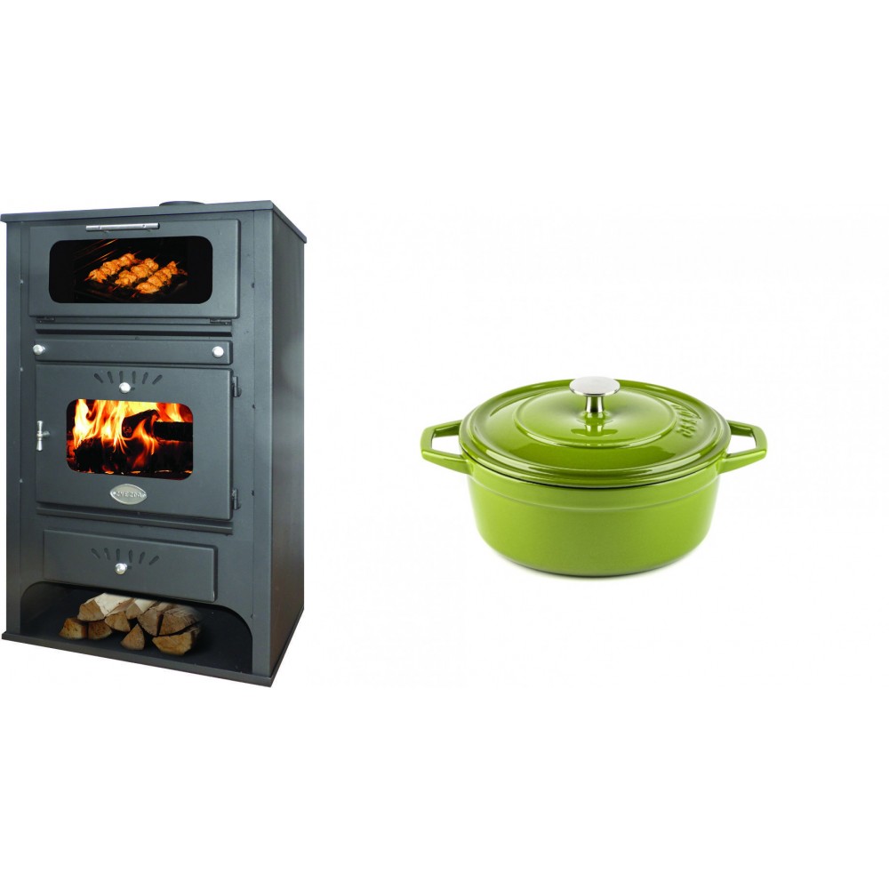 Set Kaminofen, Holzofen Wasserführend mit Backfach Zvezda, Model GF VR 16, Leistung 15.4kW + Gusseisen Topf Tiefer Solagio, Bamboo, Ф12