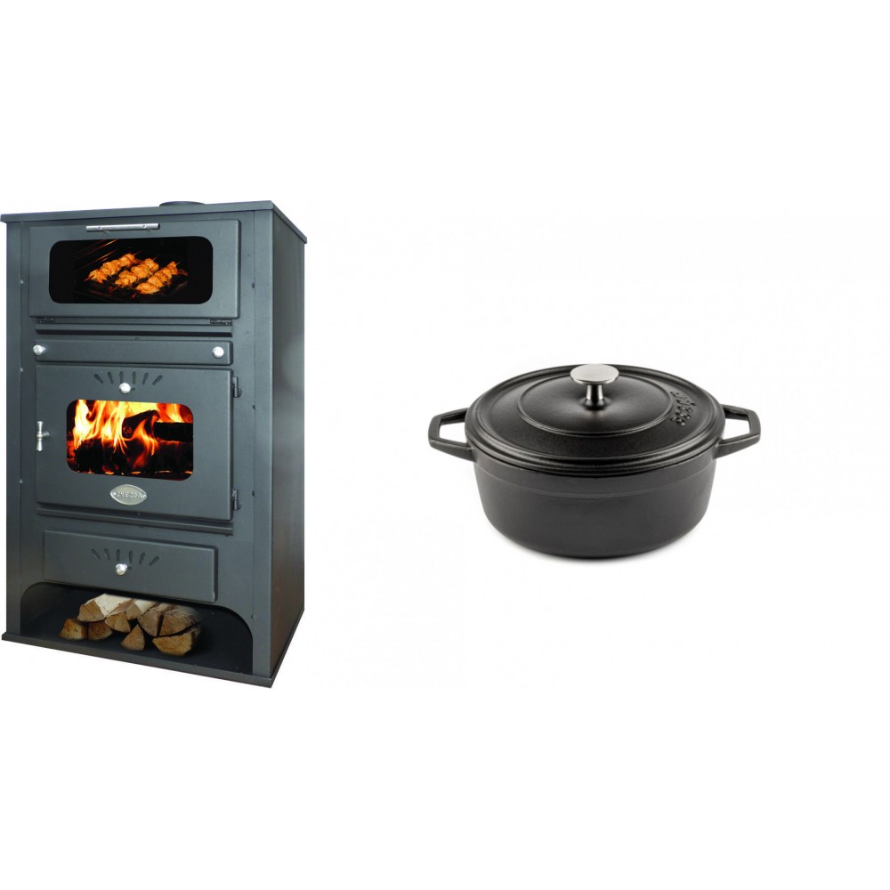 Set Kaminofen, Holzofen Wasserführend mit Backfach Zvezda, Model GF VR 16, Leistung 15.4kW + Gusseisen Topf Tiefer Solagio, Black Onyx, Ф12