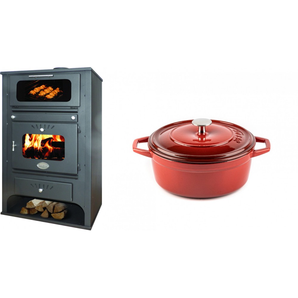 Set Kaminofen, Holzofen Wasserführend mit Backfach Zvezda, Model GF VR 16, Leistung 15.4kW + Gusseisen Topf Tiefer Solagio, Rubin, Ф20