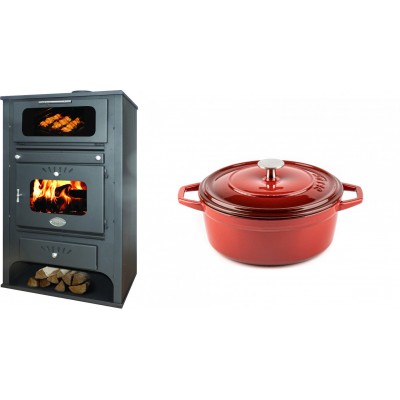 Set Kaminofen, Holzofen Wasserführend mit Backfach Zvezda, Model GF VR 16, Leistung 15.4kW + Gusseisen Topf Tiefer Solagio, Rubin, Ф20 - Kaminofen - Holzofen mit Backfach