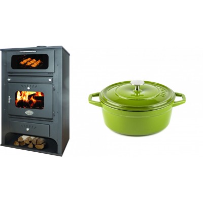 Set Kaminofen, Holzofen Wasserführend mit Backfach Zvezda, Model GF VR 16, Leistung 15.4kW + Gusseisen Topf Tiefer Solagio, Bamboo, Ф20 - Kaminofen - Holzofen mit Backfach