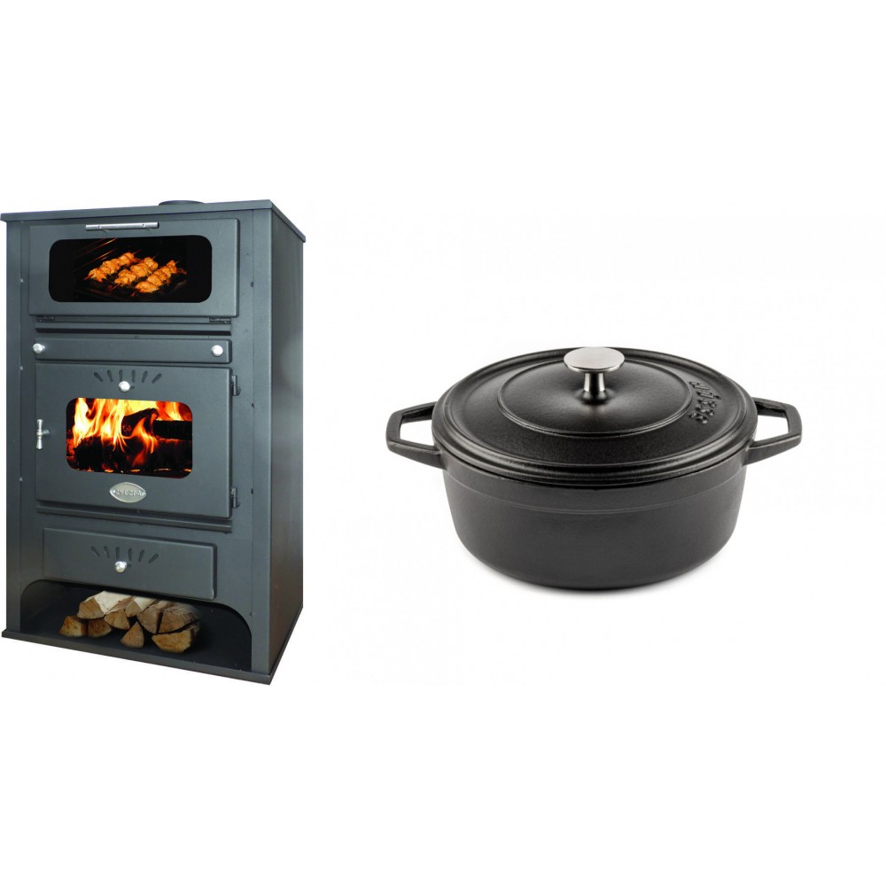 Set Kaminofen, Holzofen Wasserführend mit Backfach Zvezda, Model GF VR 16, Leistung 15.4kW + Gusseisen Topf Tiefer Solagio, Black Onyx, Ф20 | Wasserführender Kaminofen | Kaminofen |