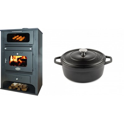 Set Kaminofen, Holzofen Wasserführend mit Backfach Zvezda, Model GF VR 16, Leistung 15.4kW + Gusseisen Topf Tiefer Solagio, Black Onyx, Ф20 - Kaminofen - Holzofen mit Backfach