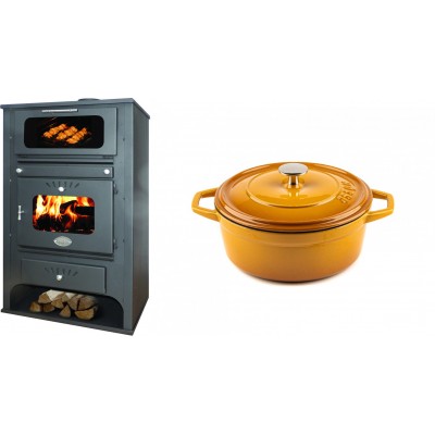 Set Kaminofen, Holzofen Wasserführend mit Backfach Zvezda, Model GF VR 16, Leistung 15.4kW + Gusseisen Topf Tiefer Solagio, Dijon, Ф20 - Kaminofen - Holzofen mit Backfach