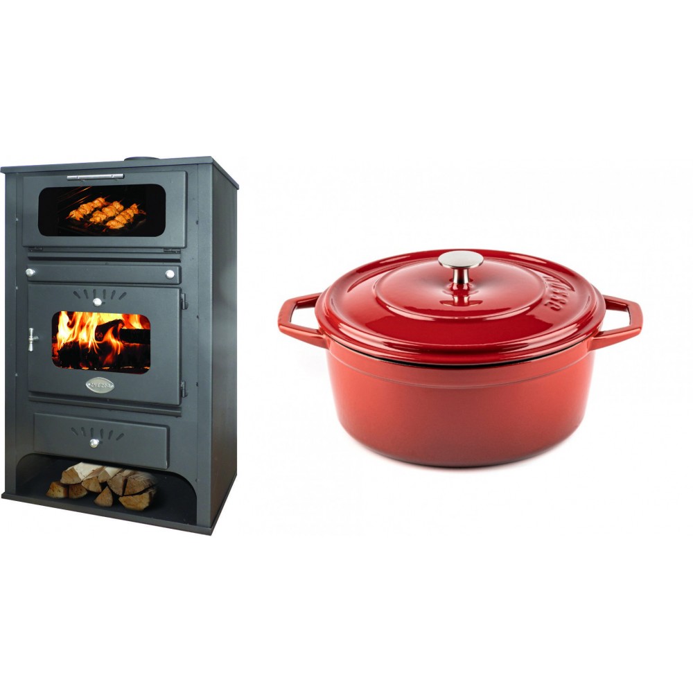 Set Kaminofen, Holzofen Wasserführend mit Backfach Zvezda, Model GF VR 16, Leistung 15.4kW + Gusseisen Topf Tiefer Solagio, Rubin, Ф24 | Wasserführender Kaminofen | Kaminofen |