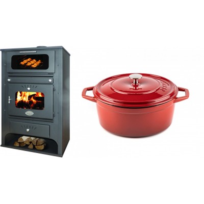 Set Kaminofen, Holzofen Wasserführend mit Backfach Zvezda, Model GF VR 16, Leistung 15.4kW + Gusseisen Topf Tiefer Solagio, Rubin, Ф24 - Kaminofen - Holzofen mit Backfach