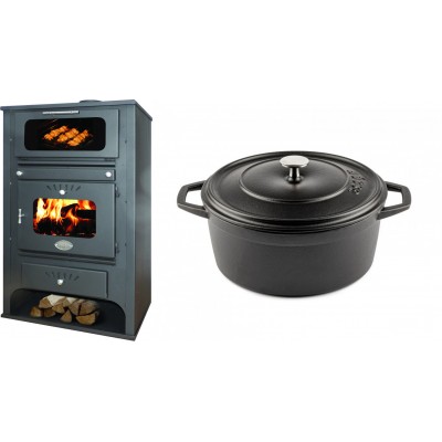 Set Kaminofen, Holzofen Wasserführend mit Backfach Zvezda, Model GF VR 16, Leistung 15.4kW + Gusseisen Topf Tiefer Solagio, Black Onyx, Ф24 - Kaminofen - Holzofen mit Backfach