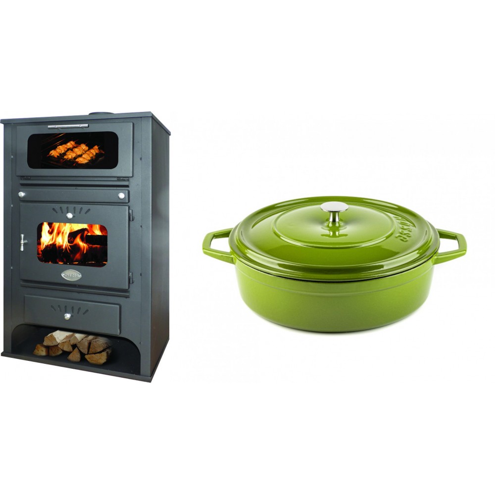 Set Kaminofen, Holzofen Wasserführend mit Backfach Zvezda, Model GF VR 16, Leistung 15.4kW + Gusseisen Topf Flach Solagio, Bamboo, Ф26