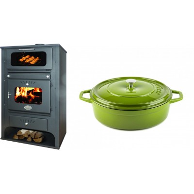 Set Kaminofen, Holzofen Wasserführend mit Backfach Zvezda, Model GF VR 16, Leistung 15.4kW + Gusseisen Topf Flach Solagio, Bamboo, Ф26 - Kaminofen - Holzofen mit Backfach