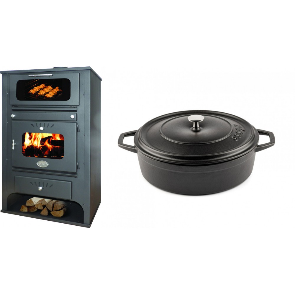 Set Kaminofen, Holzofen Wasserführend mit Backfach Zvezda, Model GF VR 16, Leistung 15.4kW + Gusseisen Topf Flach Solagio, Black Onyx, Ф26
