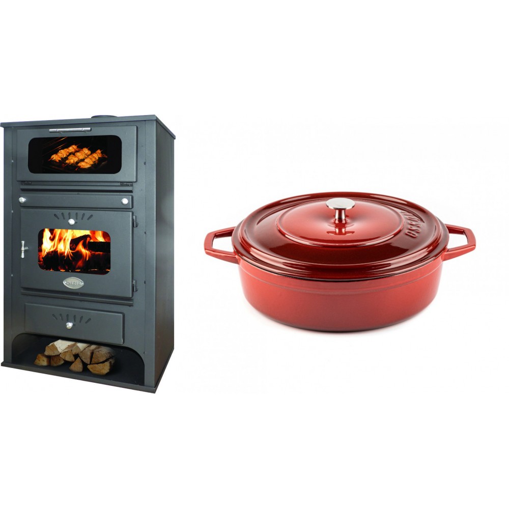 Set Kaminofen, Holzofen Wasserführend mit Backfach Zvezda, Model GF VR 16, Leistung 15.4kW + Gusseisen Topf Flach Solagio, Rubin, Ф26 | Wasserführender Kaminofen | Kaminofen |