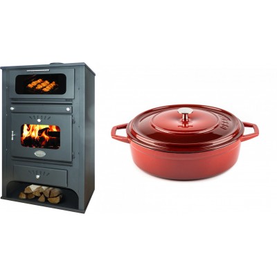 Set Kaminofen, Holzofen Wasserführend mit Backfach Zvezda, Model GF VR 16, Leistung 15.4kW + Gusseisen Topf Flach Solagio, Rubin, Ф26 - Kaminofen - Holzofen mit Backfach