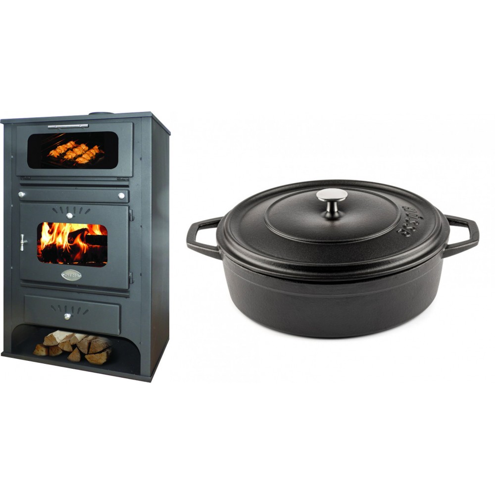 Set Kaminofen, Holzofen Wasserführend mit Backfach Zvezda, Model GF VR 16, Leistung 15.4kW + Gusseisen Topf Flach Solagio, Black Onyx, Ф28