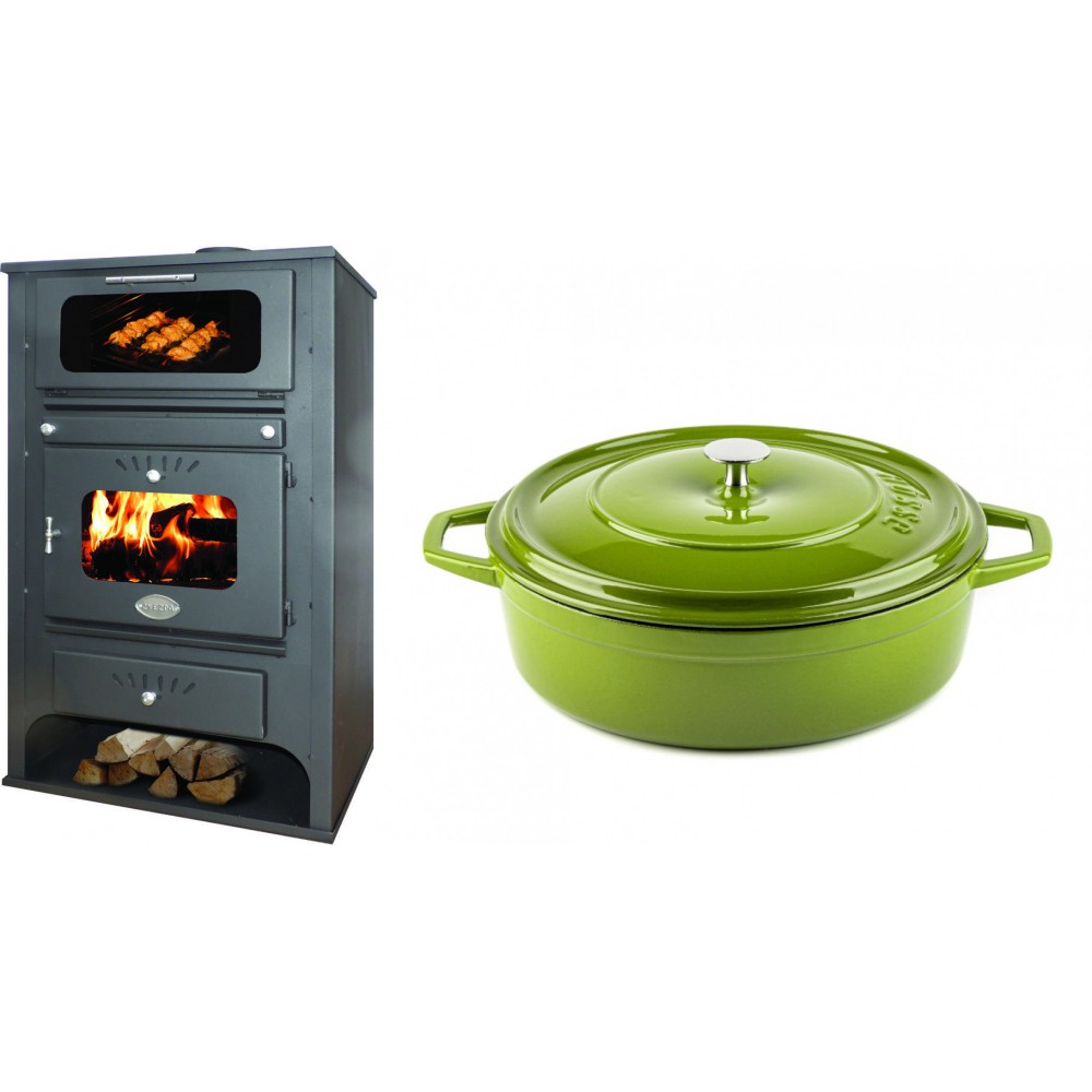 Set Kaminofen, Holzofen Wasserführend mit Backfach Zvezda, Model GF VR 16, Leistung 15.4kW + Gusseisen Topf Flach Solagio, Bamboo, Ф28 | Wasserführender Kaminofen | Kaminofen |