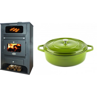 Set Kaminofen, Holzofen Wasserführend mit Backfach Zvezda, Model GF VR 16, Leistung 15.4kW + Gusseisen Topf Flach Solagio, Bamboo, Ф28 - Kaminofen - Holzofen mit Backfach