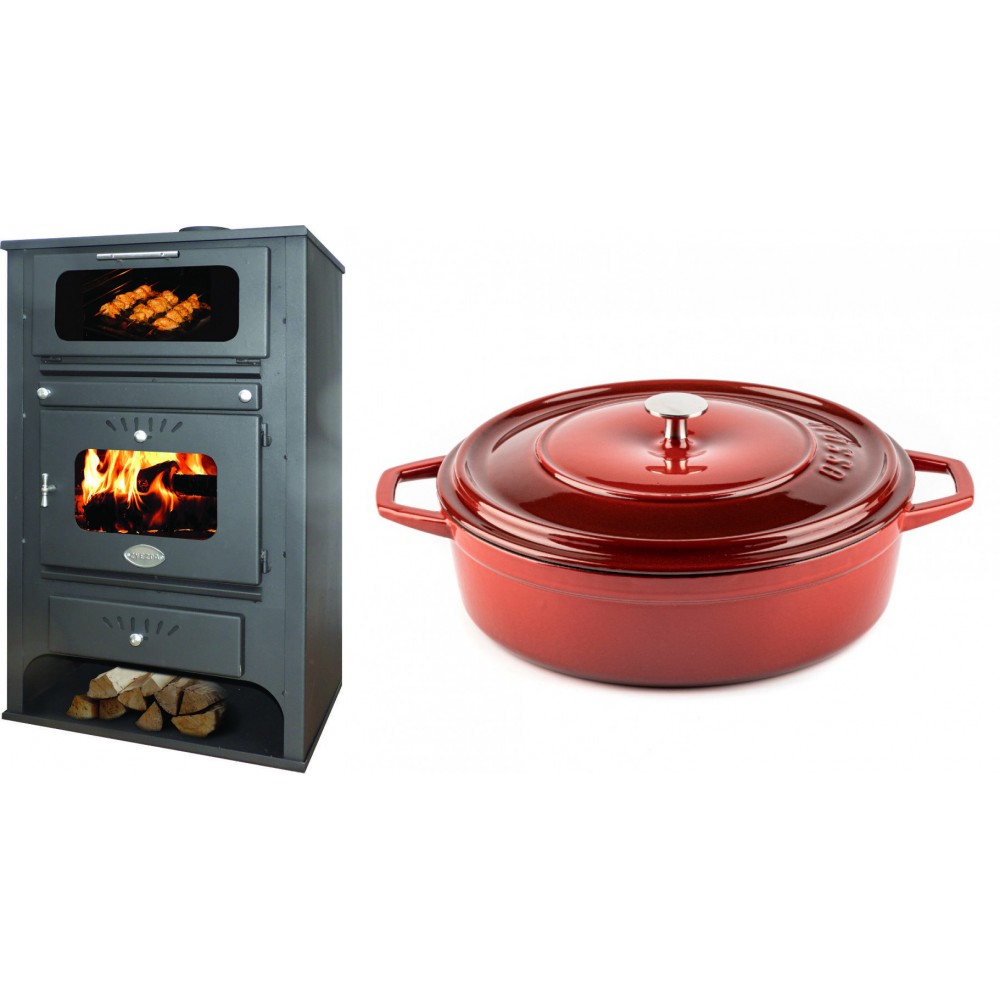 Set Kaminofen, Holzofen Wasserführend mit Backfach Zvezda, Model GF VR 16, Leistung 15.4kW + Gusseisen Topf Flach Solagio, Rubin, Ф28 | Wasserführender Kaminofen | Kaminofen |