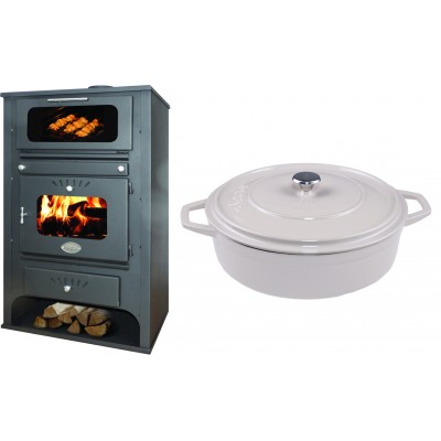 Set Kaminofen, Holzofen Wasserführend mit Backfach Zvezda, Model GF VR 16, Leistung 15.4kW + Gusseisen Topf Flach Solagio, Ivory, Ф28 - Kaminofen - Holzofen mit Backfach