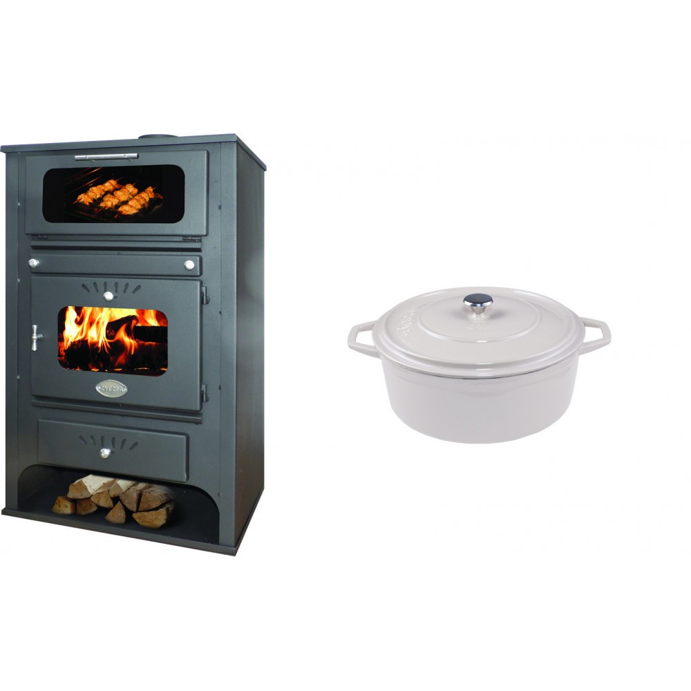 Set Kaminofen, Holzofen Wasserführend mit Backfach Zvezda, Model GF VR 16, Leistung 15.4kW + Gusseisen Topf Tiefer Solagio, Ivory, Ф12 | Wasserführender Kaminofen | Kaminofen |