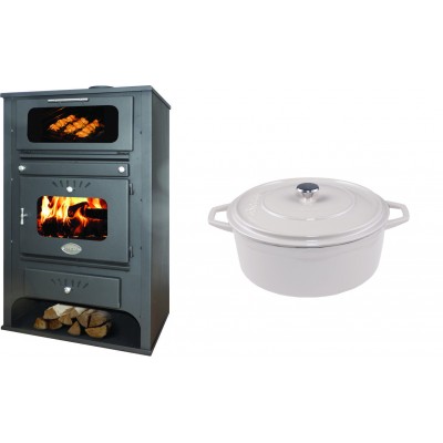 Set Kaminofen, Holzofen Wasserführend mit Backfach Zvezda, Model GF VR 16, Leistung 15.4kW + Gusseisen Topf Tiefer Solagio, Ivory, Ф20 - Kaminofen - Holzofen mit Backfach