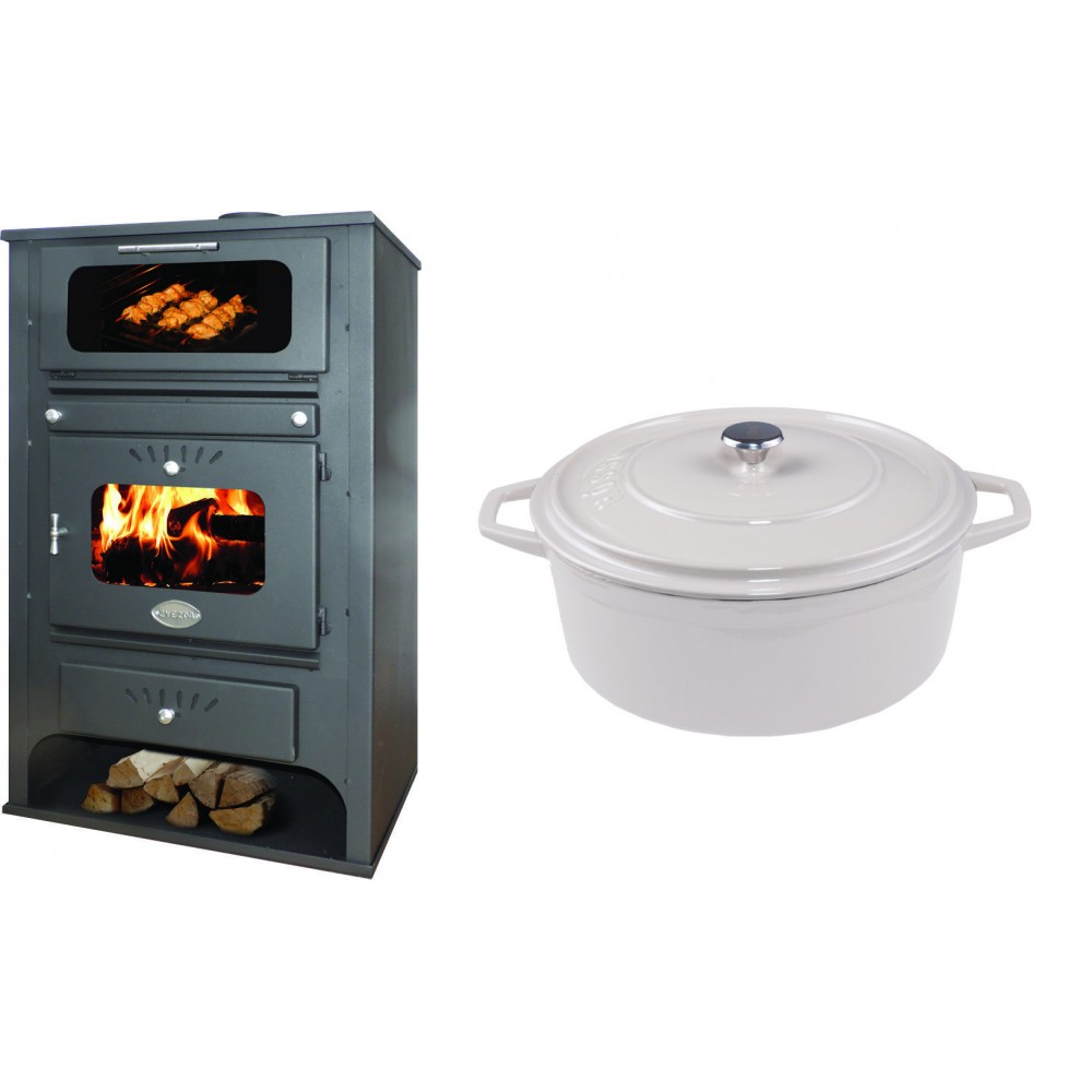 Set Kaminofen, Holzofen Wasserführend mit Backfach Zvezda, Model GF VR 16, Leistung 15.4kW + Gusseisen Topf Tiefer Solagio, Ivory, Ф24 | Wasserführender Kaminofen | Kaminofen |