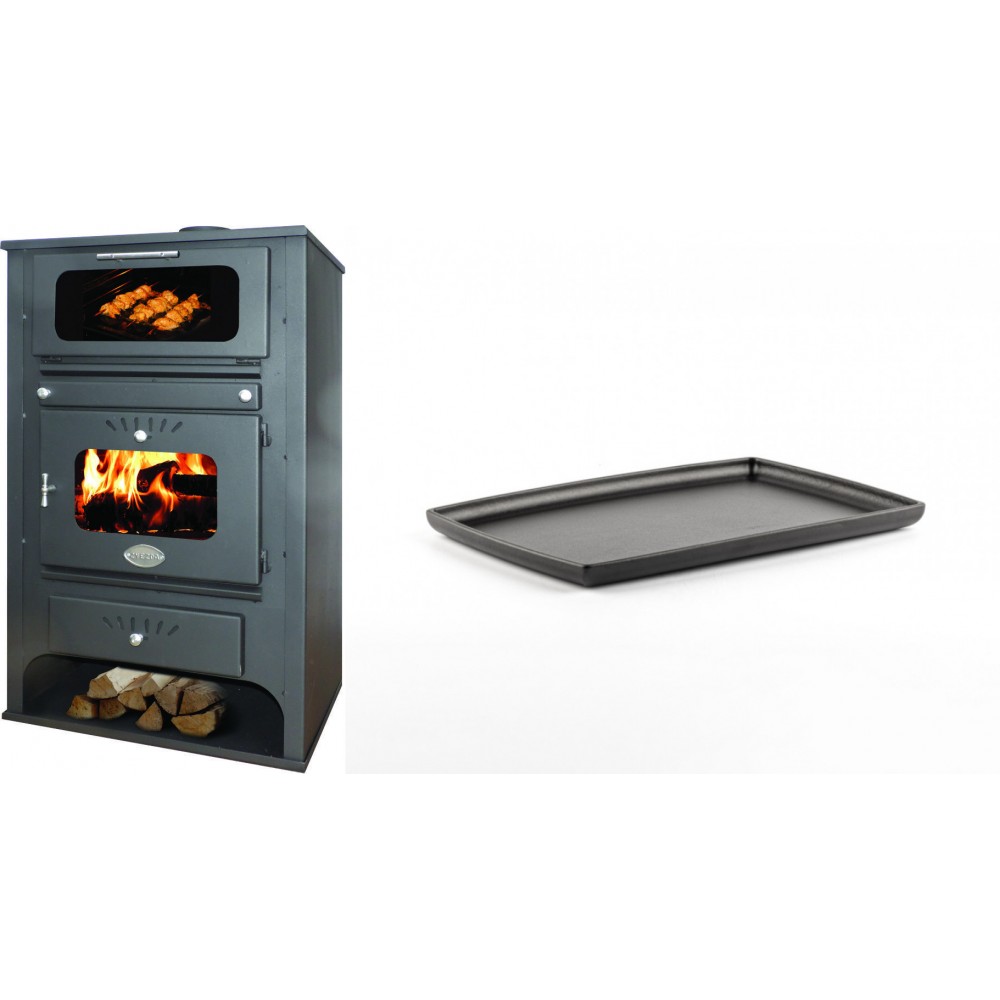 Set Kaminofen, Holzofen Wasserführend mit Backfach Zvezda, Model GF VR 16, Leistung 15.4kW + Rechteckige Servierplatte aus Gusseisen Solagio, 21x31cm