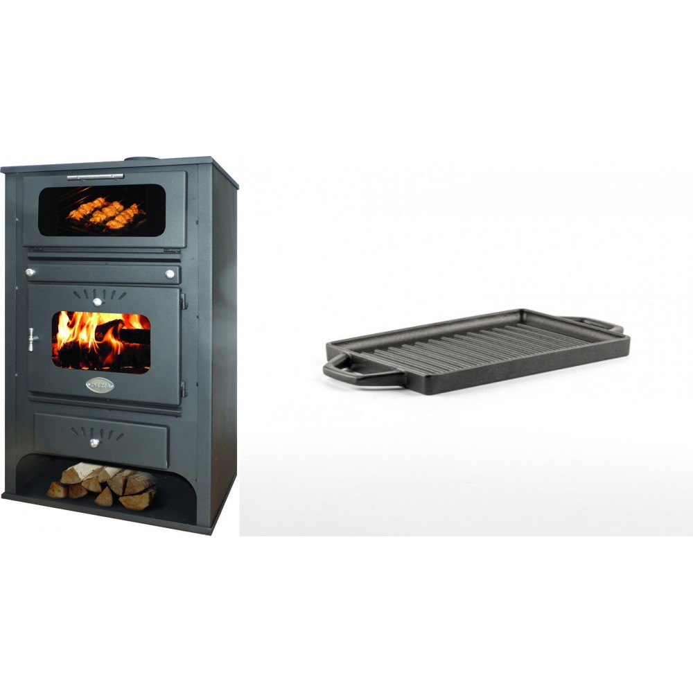 Set Kaminofen, Holzofen Wasserführend mit Backfach Zvezda, Model GF VR 16, Leistung 15.4kW + Mini-Grillplatte aus Gusseisen Solagio, 15.5x22.5cm