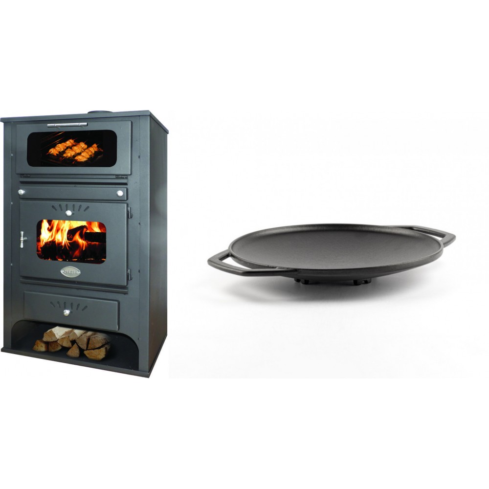 Set Kaminofen, Holzofen Wasserführend mit Backfach Zvezda, Model GF VR 16, Leistung 15.4kW + Backplatte aus Gusseisen Solagio, Ф28cm