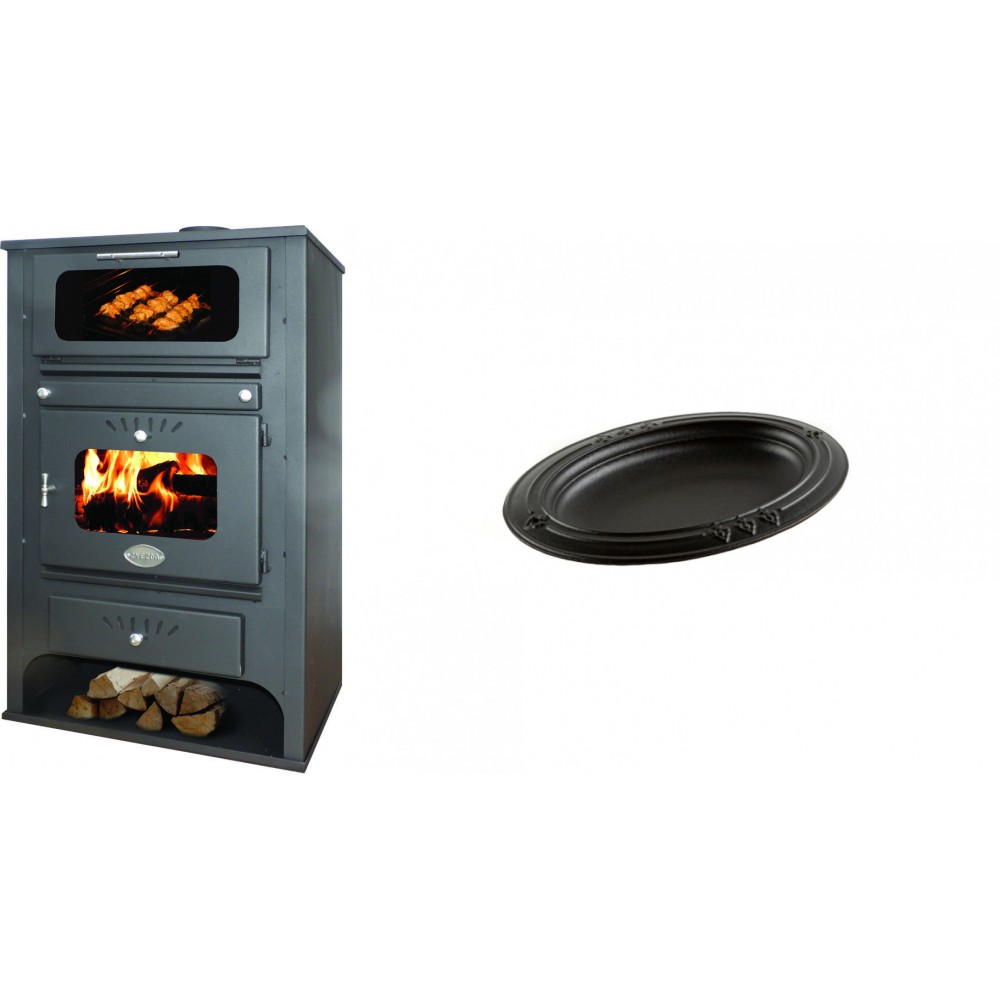 Set Kaminofen, Holzofen Wasserführend mit Backfach Zvezda, Model GF VR 16, Leistung 15.4kW + Gusseiserne auflaufform Solagio oval, 17x28cm