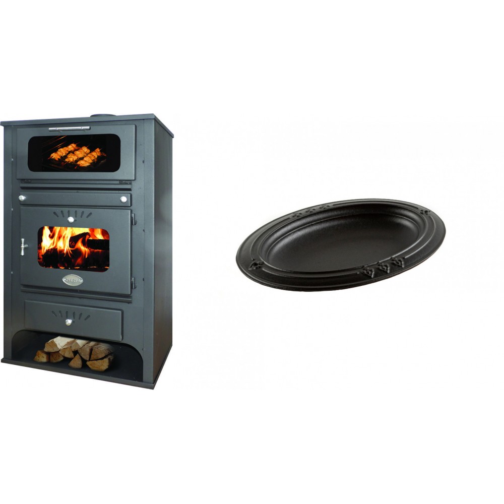 Set Kaminofen, Holzofen Wasserführend mit Backfach Zvezda, Model GF VR 16, Leistung 15.4kW + Gusseiserne auflaufform Solagio oval, 25x33cm