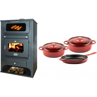 Set Kaminofen, Holzofen Wasserführend mit Backfach Zvezda, Model GF VR 16, Leistung 15.4kW + Gusseisen Topf Set aus 3 teilen Solagio, Rubin - Kaminofen - Holzofen mit Backfach