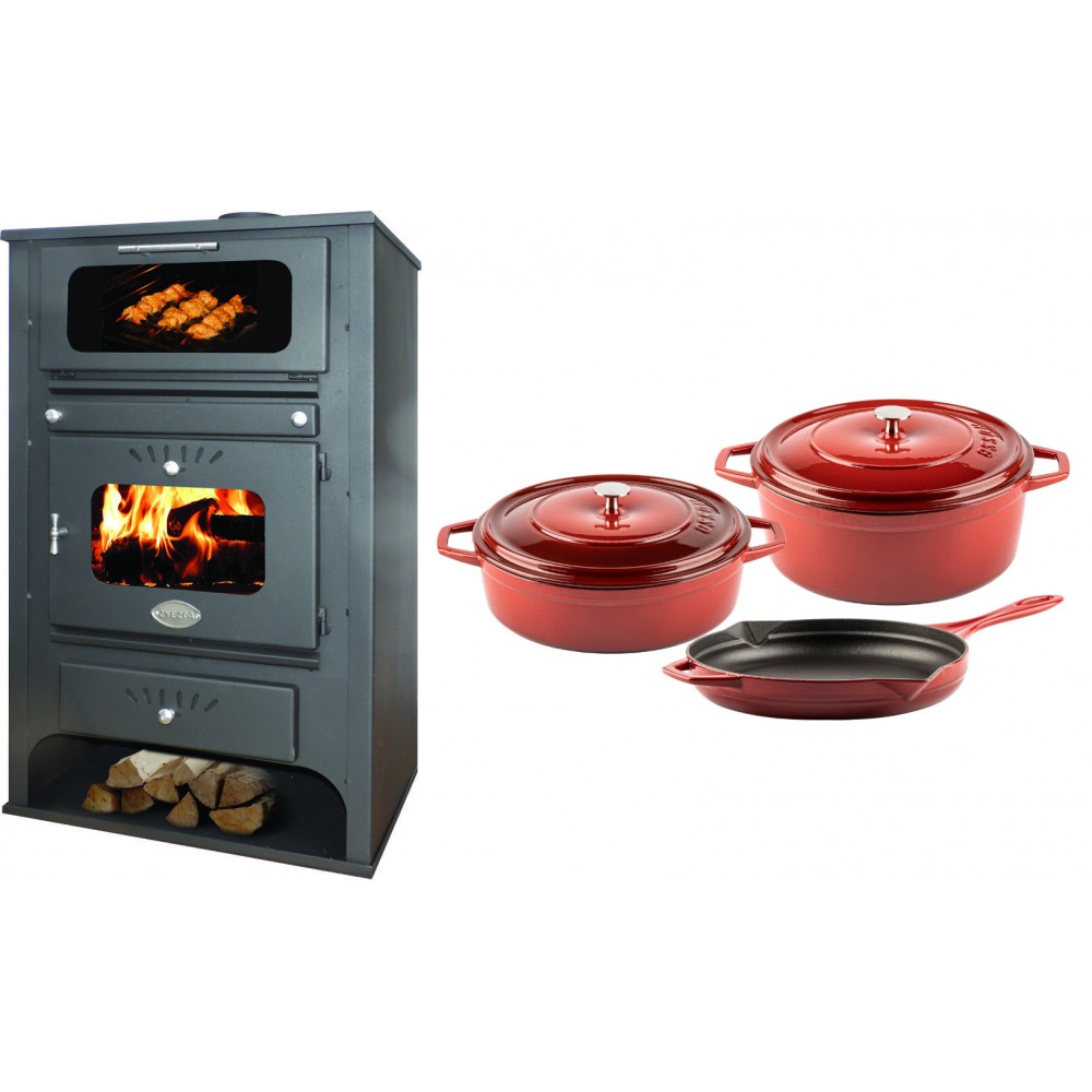 Set Kaminofen, Holzofen Wasserführend mit Backfach Zvezda, Model GF VR 16, Leistung 15.4kW + Gusseisen Topf Set aus 3 teilen Solagio, Rubin | Wasserführender Kaminofen | Kaminofen |