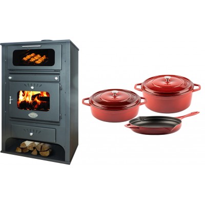 Set Kaminofen, Holzofen Wasserführend mit Backfach Zvezda, Model GF VR 16, Leistung 15.4kW + Gusseisen Topf Set aus 3 teilen Solagio, Rubin - Kaminofen - Holzofen mit Backfach