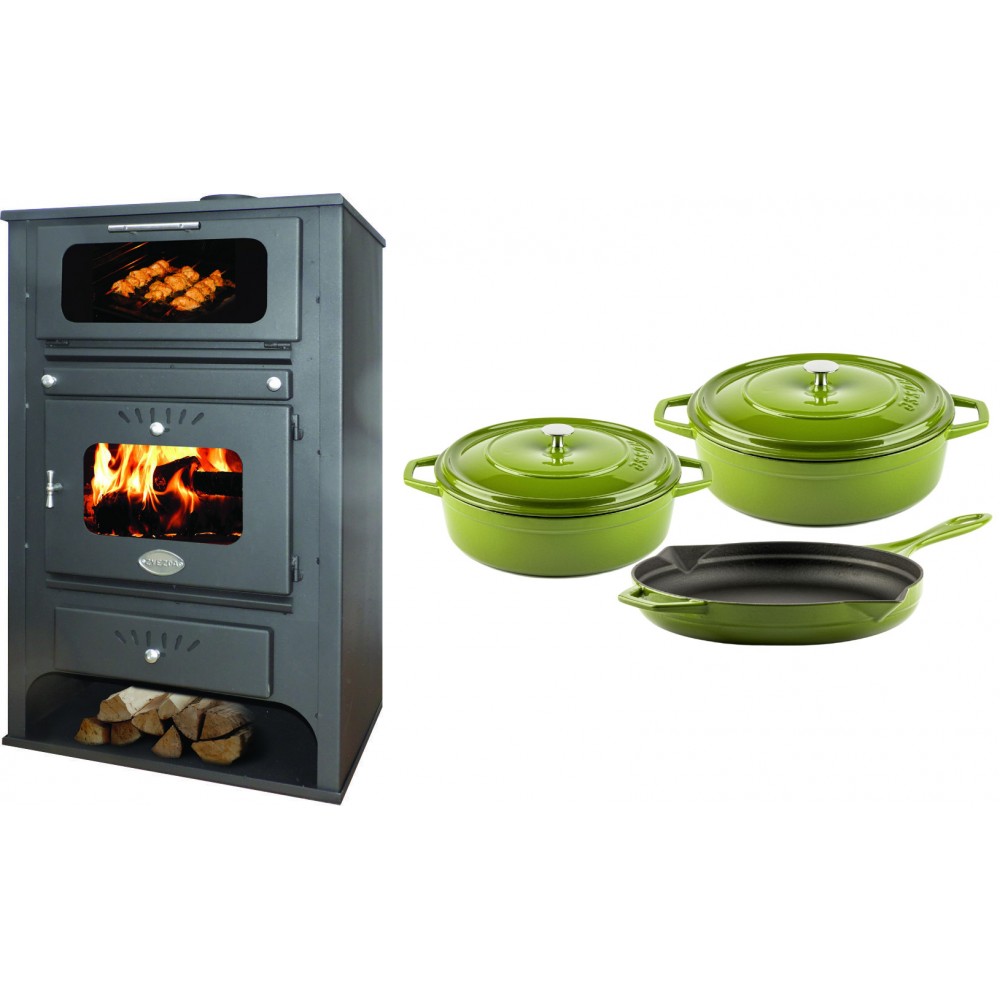 Set Kaminofen, Holzofen Wasserführend mit Backfach Zvezda, Model GF VR 16, Leistung 15.4kW + Gusseisen Topf Set aus 3 teilen Solagio, Bamboo | Wasserführender Kaminofen | Kaminofen |