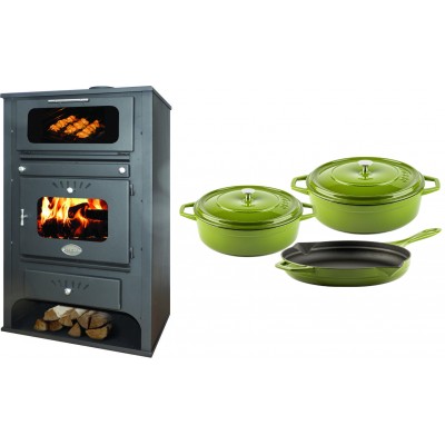 Set Kaminofen, Holzofen Wasserführend mit Backfach Zvezda, Model GF VR 16, Leistung 15.4kW + Gusseisen Topf Set aus 3 teilen Solagio, Bamboo - Kaminofen - Holzofen mit Backfach