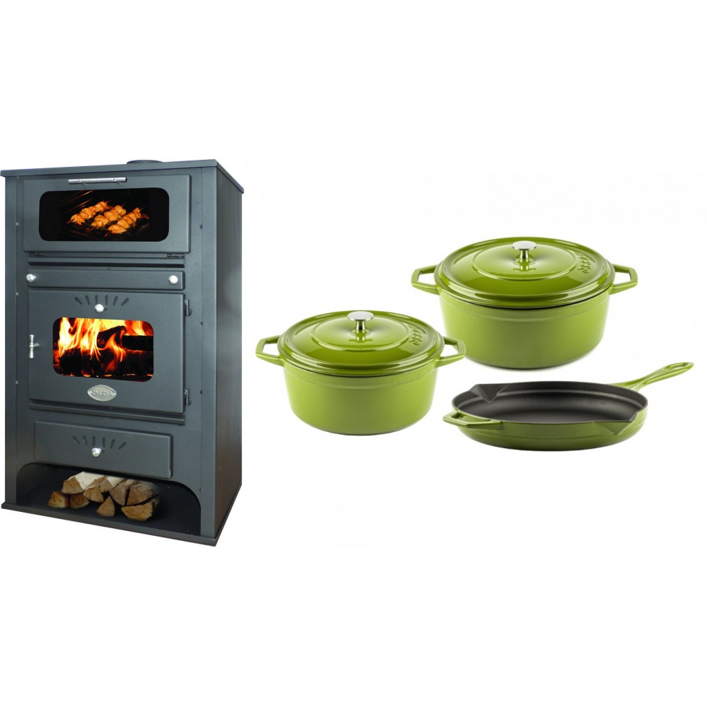 Set Kaminofen, Holzofen Wasserführend mit Backfach Zvezda, Model GF VR 16, Leistung 15.4kW + Gusseisen Topf Set aus 3 teilen Solagio, Bamboo | Wasserführender Kaminofen | Kaminofen |