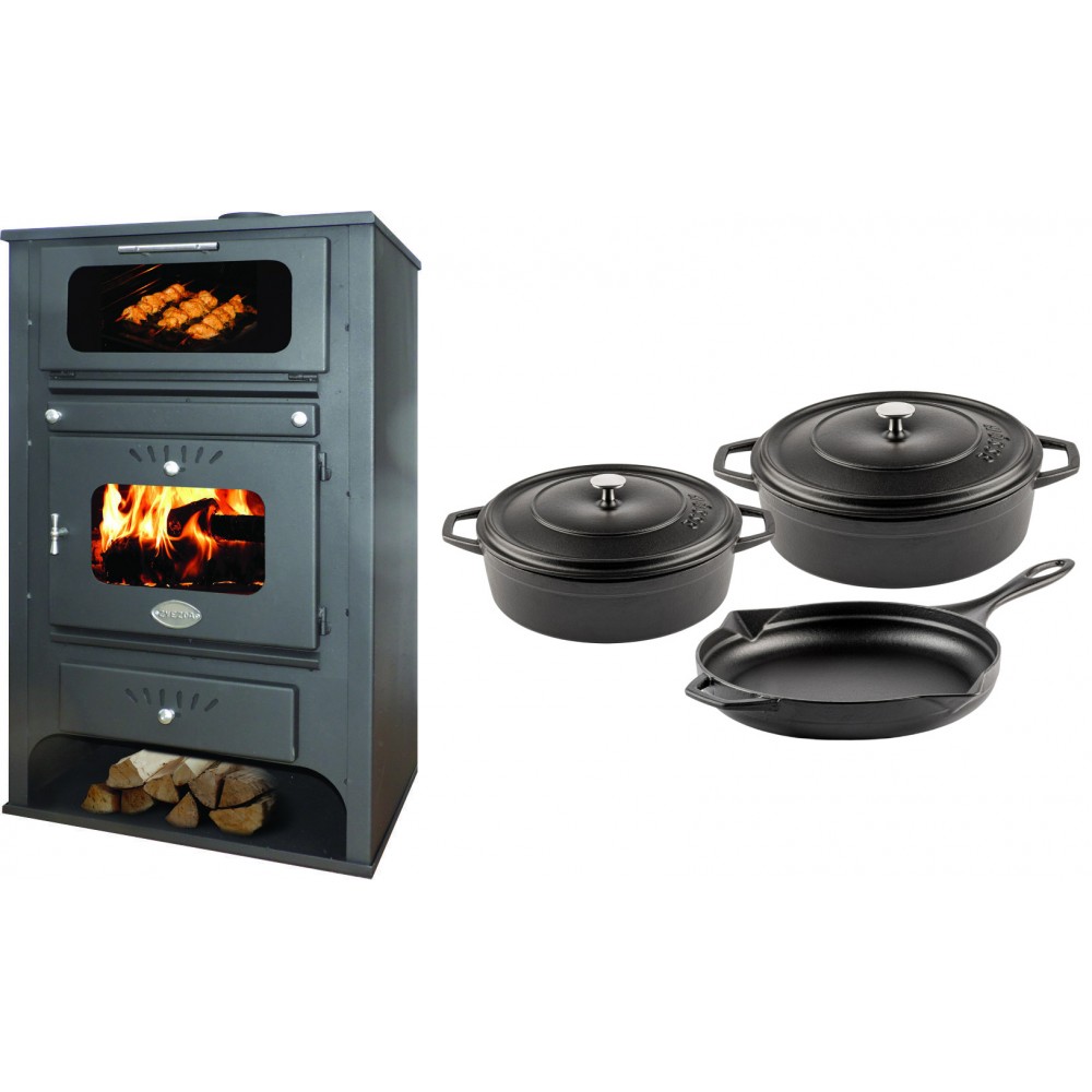 Set Kaminofen, Holzofen Wasserführend mit Backfach Zvezda, Model GF VR 16, Leistung 15.4kW + Gusseisen Topf Set aus 3 teilen Solagio, Black Onyx