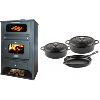 Set Kaminofen, Holzofen Wasserführend mit Backfach Zvezda, Model GF VR 16, Leistung 15.4kW + Gusseisen Topf Set aus 3 teilen Solagio, Black Onyx - Kaminofen - Holzofen mit Backfach