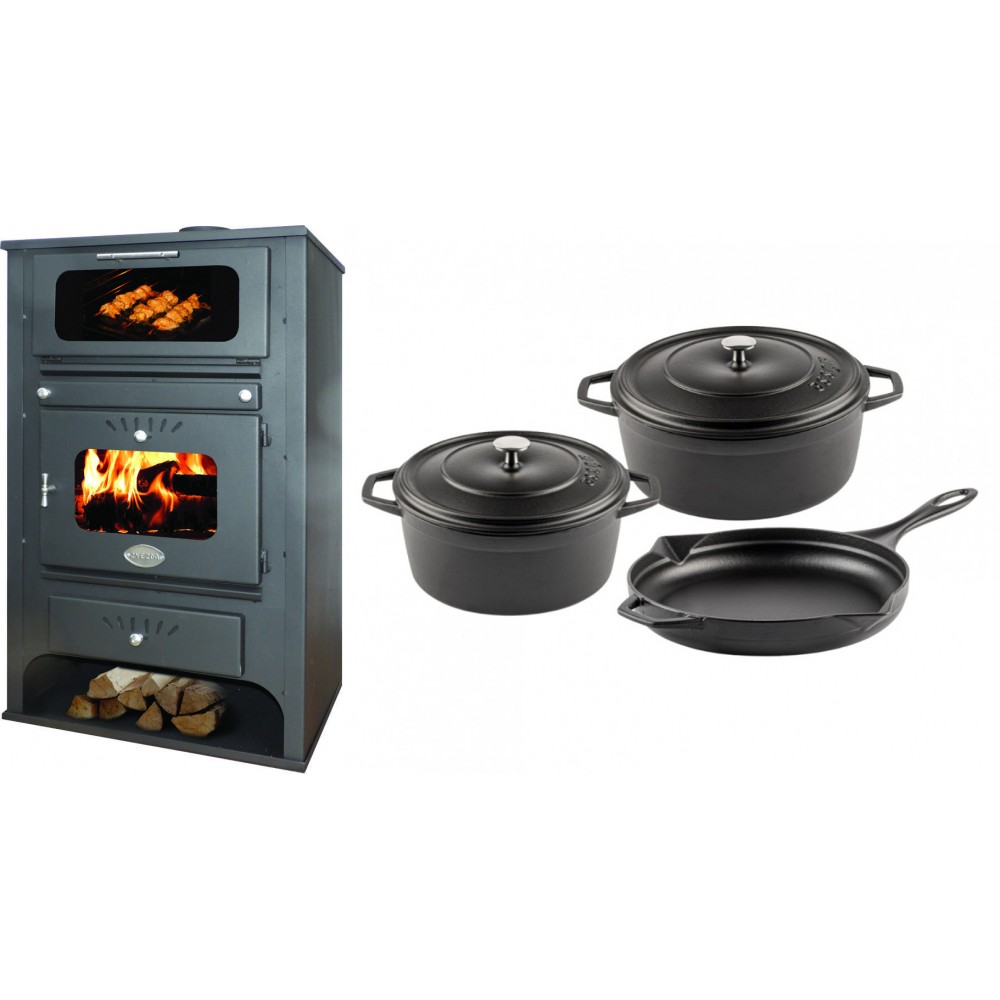 Set Kaminofen, Holzofen Wasserführend mit Backfach Zvezda, Model GF VR 16, Leistung 15.4kW + Gusseisen Topf Set aus 3 teilen Solagio, Black Onyx | Wasserführender Kaminofen | Kaminofen |