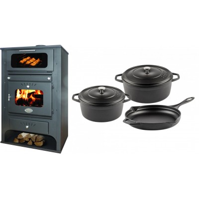 Set Kaminofen, Holzofen Wasserführend mit Backfach Zvezda, Model GF VR 16, Leistung 15.4kW + Gusseisen Topf Set aus 3 teilen Solagio, Black Onyx - Kaminofen - Holzofen mit Backfach