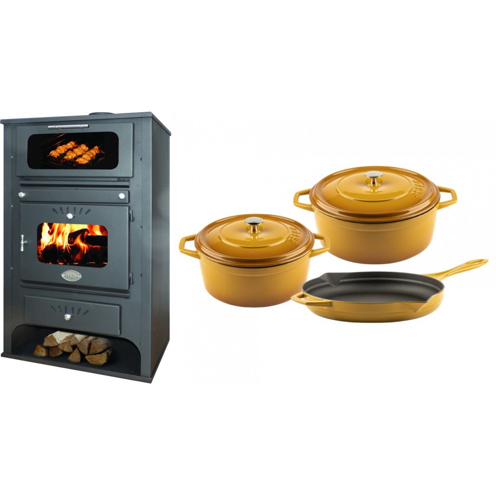 Set Kaminofen, Holzofen Wasserführend mit Backfach Zvezda, Model GF VR 16, Leistung 15.4kW + Gusseisen Topf Set aus 3 teilen Solagio, Dijon | Wasserführender Kaminofen | Kaminofen |