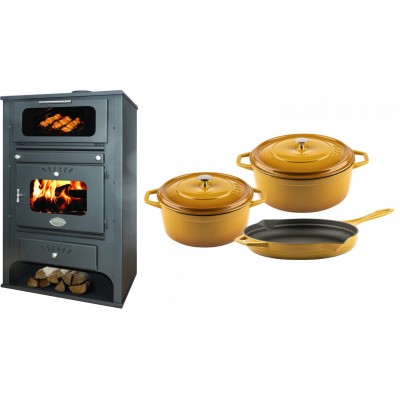 Set Kaminofen, Holzofen Wasserführend mit Backfach Zvezda, Model GF VR 16, Leistung 15.4kW + Gusseisen Topf Set aus 3 teilen Solagio, Dijon - Kaminofen - Holzofen mit Backfach