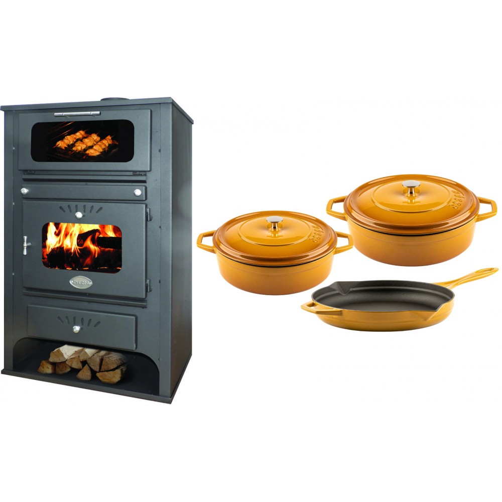 Set Kaminofen, Holzofen Wasserführend mit Backfach Zvezda, Model GF VR 16, Leistung 15.4kW + Gusseisen Topf Set aus 3 teilen Solagio, Dijon | Wasserführender Kaminofen | Kaminofen |