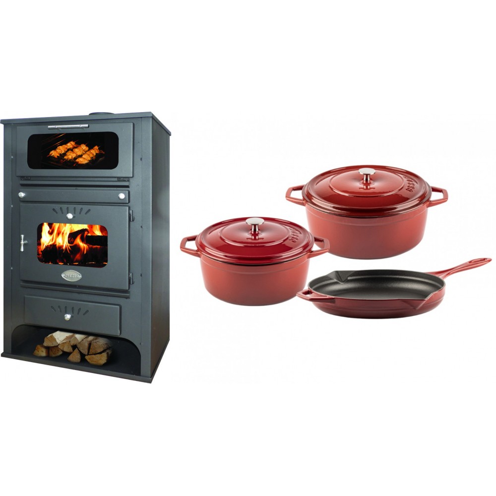 Set Kaminofen, Holzofen Wasserführend mit Backfach Zvezda, Model GF VR 16, Leistung 15.4kW + Gusseisen Topf Set aus 3 teilen Solagio, Rubin