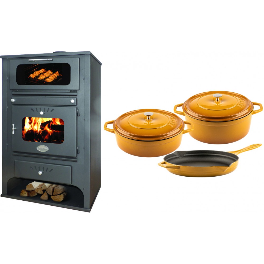 Set Kaminofen, Holzofen Wasserführend mit Backfach Zvezda, Model GF VR 16, Leistung 15.4kW + Gusseisen Topf Set aus 3 teilen Solagio, Dijon | Wasserführender Kaminofen | Kaminofen |