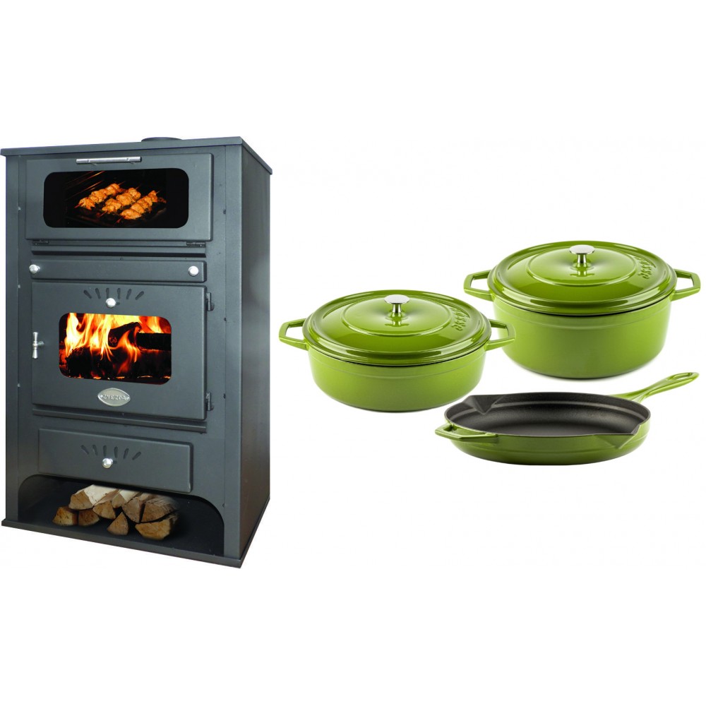 Set Kaminofen, Holzofen Wasserführend mit Backfach Zvezda, Model GF VR 16, Leistung 15.4kW + Gusseisen Topf Set aus 3 teilen Solagio, Bamboo | Wasserführender Kaminofen | Kaminofen |