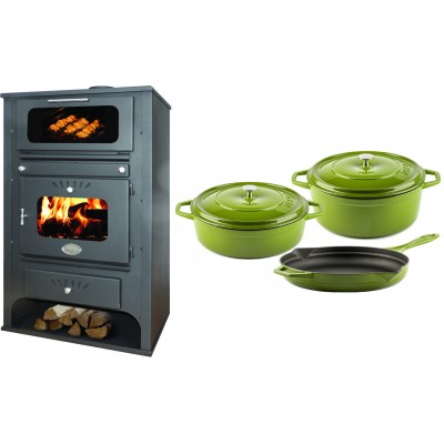 Set Kaminofen, Holzofen Wasserführend mit Backfach Zvezda, Model GF VR 16, Leistung 15.4kW + Gusseisen Topf Set aus 3 teilen Solagio, Bamboo - Kaminofen - Holzofen mit Backfach