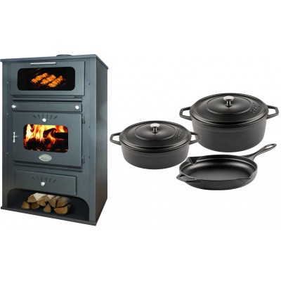 Set Kaminofen, Holzofen Wasserführend mit Backfach Zvezda, Model GF VR 16, Leistung 15.4kW + Gusseisen Topf Set aus 3 teilen Solagio, Black Onyx - Kaminofen - Holzofen mit Backfach