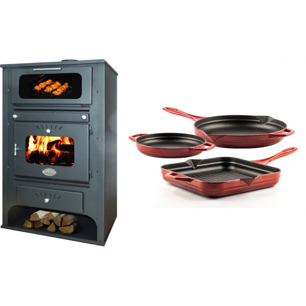 Set Kaminofen, Holzofen Wasserführend mit Backfach Zvezda, Model GF VR 16, Leistung 15.4kW + Gusseisen Topf Set aus 3 teilen Solagio, Rubin | Wasserführender Kaminofen | Kaminofen |